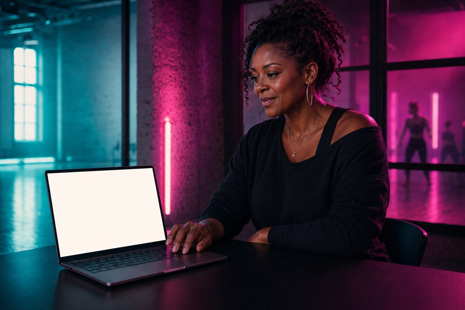 A studio owner working at a laptop with dancers visible in the background