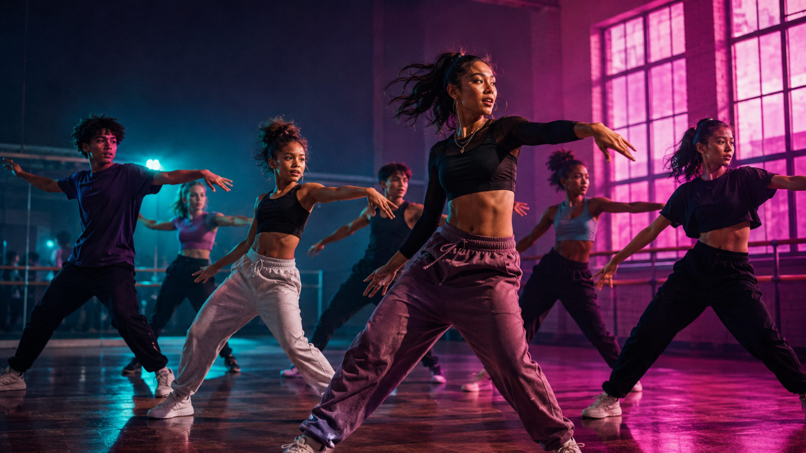 A group of dancers moving together in a dynamic class under bold stage lighting