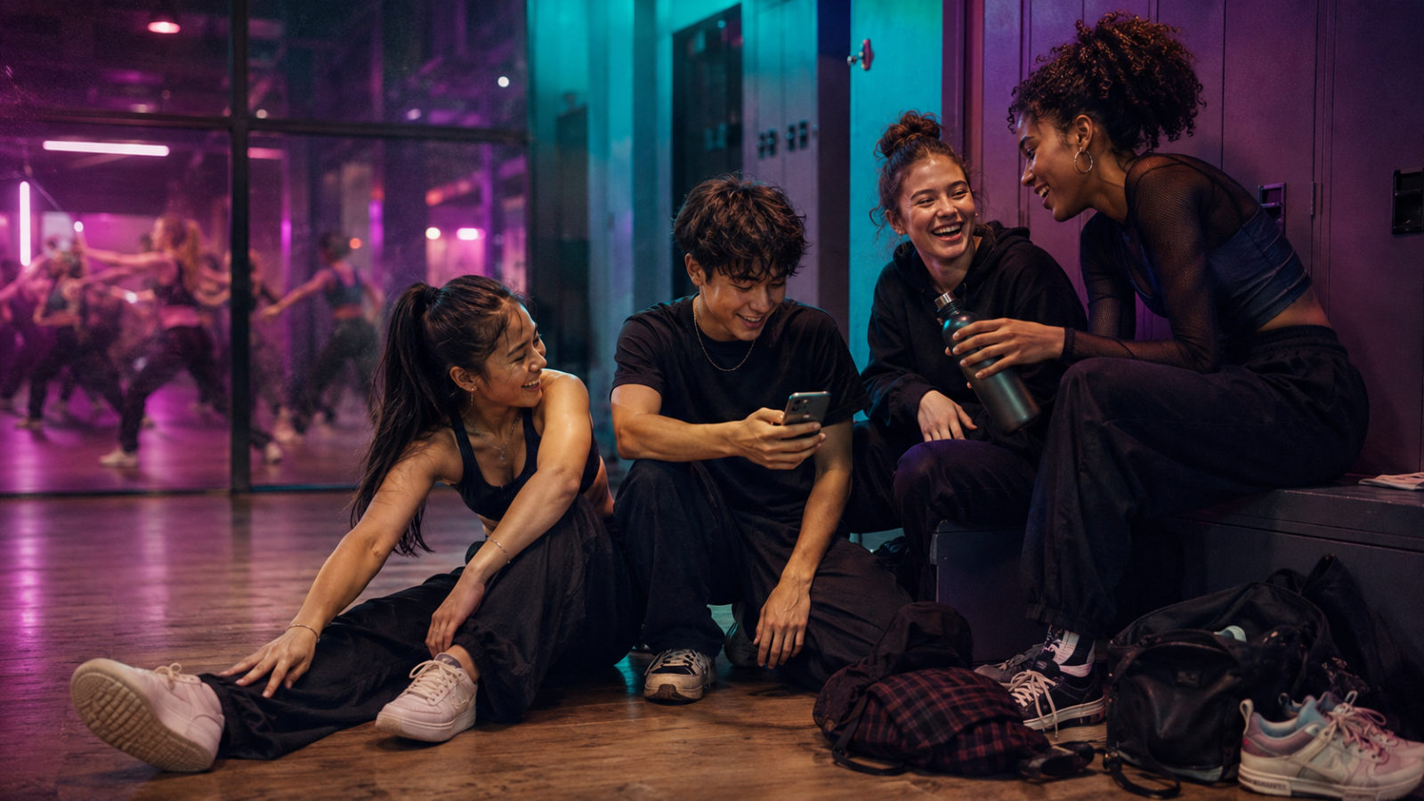 A group of young dancers laughing together after class